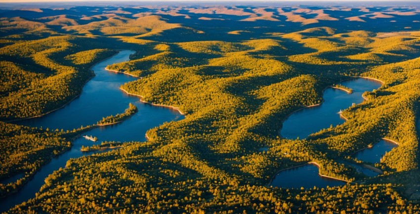 Aerial view looking over with river landscape