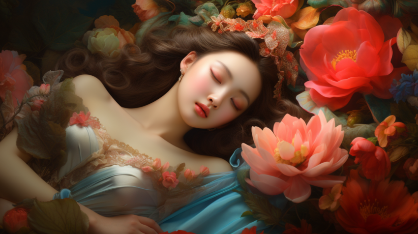 little women Holy Asian Flower fairy just wake up one the big flower. living in jungle