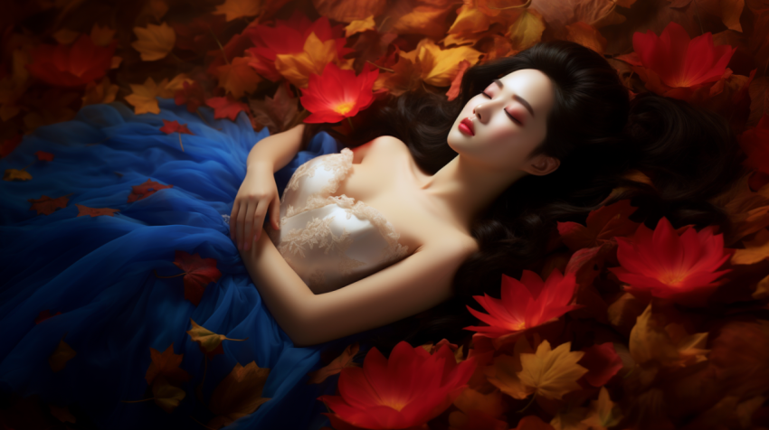 Sleeping beauty, lay on flowers. blue dress