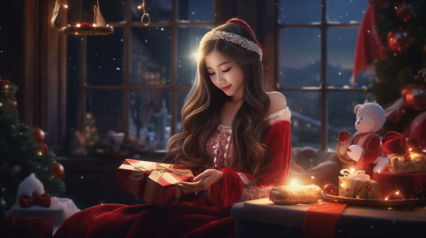 theme Christmas Holy Asian Santa lady making gift for Christmas