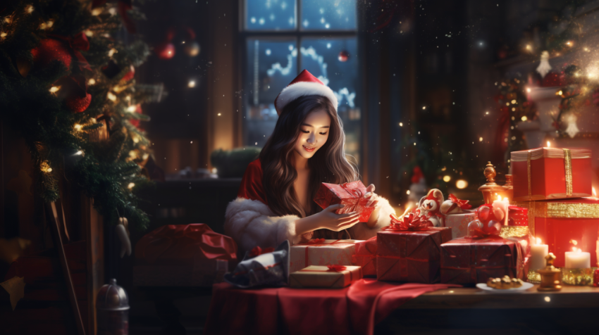 theme Christmas Holy Asian Santa lady making gift for Christmas