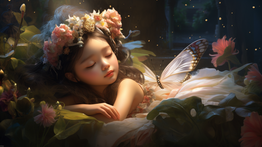 little Holy Asian Flower fairy just wake up one the big flower. living in jungle