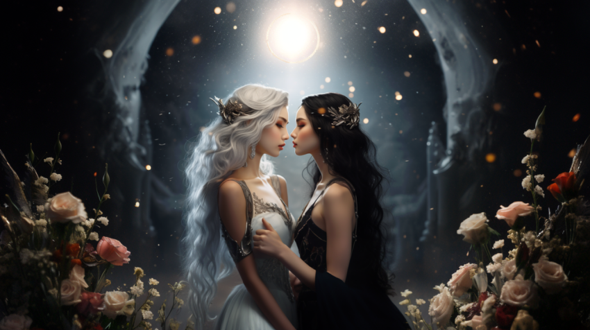 Beautiful holy lady Twin GEMINI white hair and black hair  look at each other