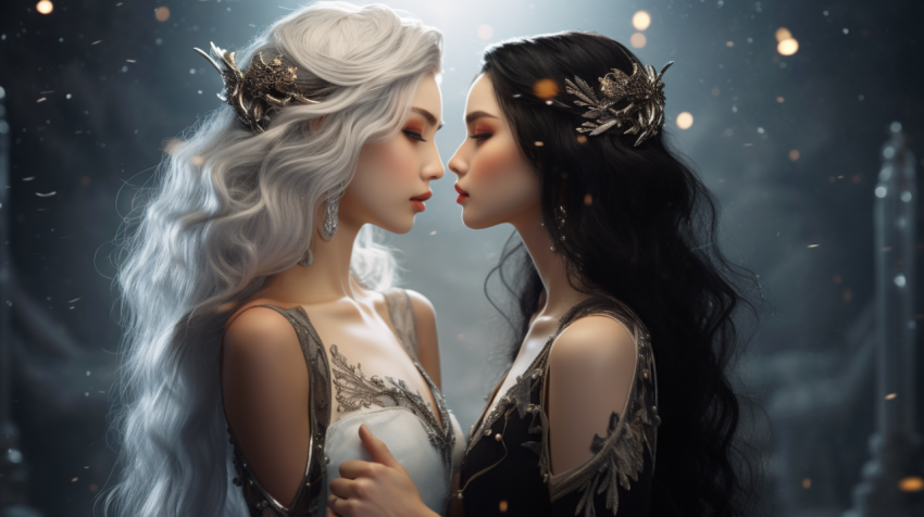 Beautiful holy lady Twin GEMINI white hair and black hair look at each other
