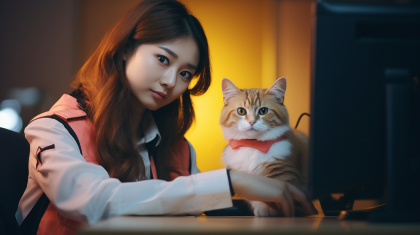 Orange cat helping officer doing work at Police Station.