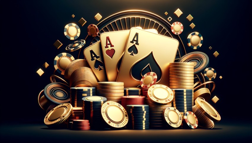 poker template, background design with golden playing cards and poker chips on a dark background Casino concept