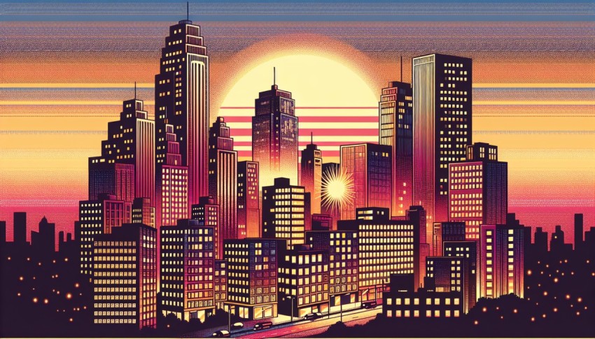 Cityscape at sunset in retro