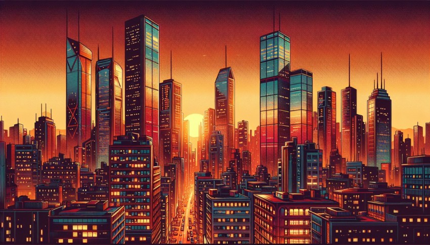 Cityscape at sunset in retro