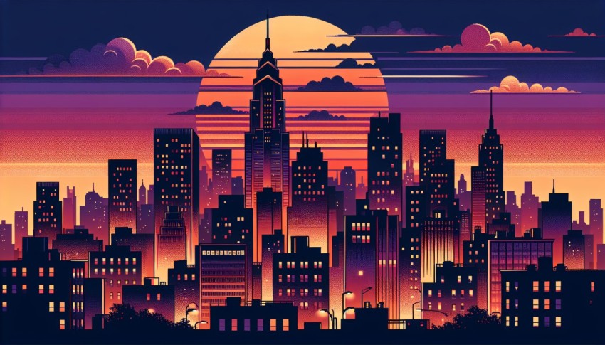 Cityscape at sunset in retro