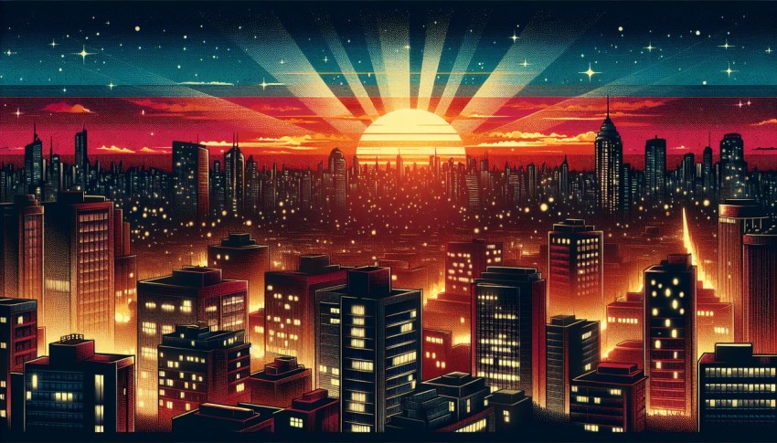 Cityscape at sunset in retro