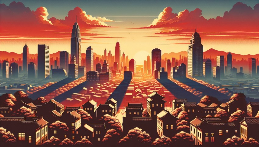 Cityscape at sunset in retro