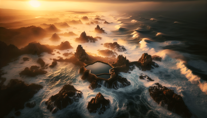 Aerial view early morning light with ocean waves flowing over rocks around ocean rock pool during storm.