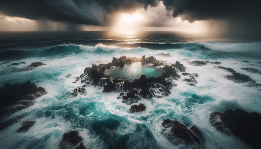 Aerial view early morning light with ocean waves flowing over rocks around ocean rock pool during storm.