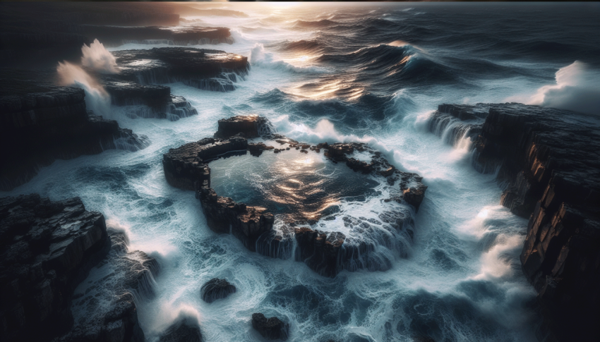 Aerial view early morning light with ocean waves flowing over rocks around ocean rock pool during storm.