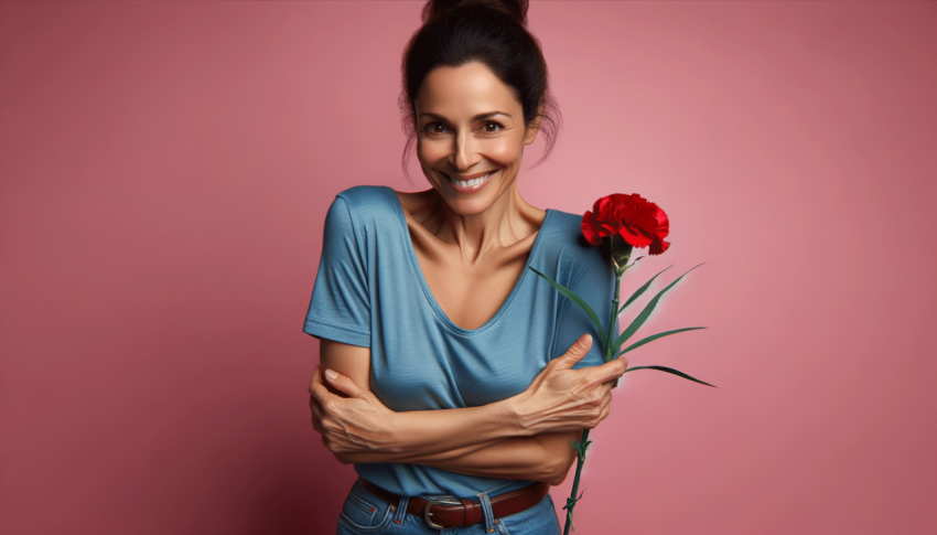 Lady holding one carnation against pink background realistic style. studio lighting