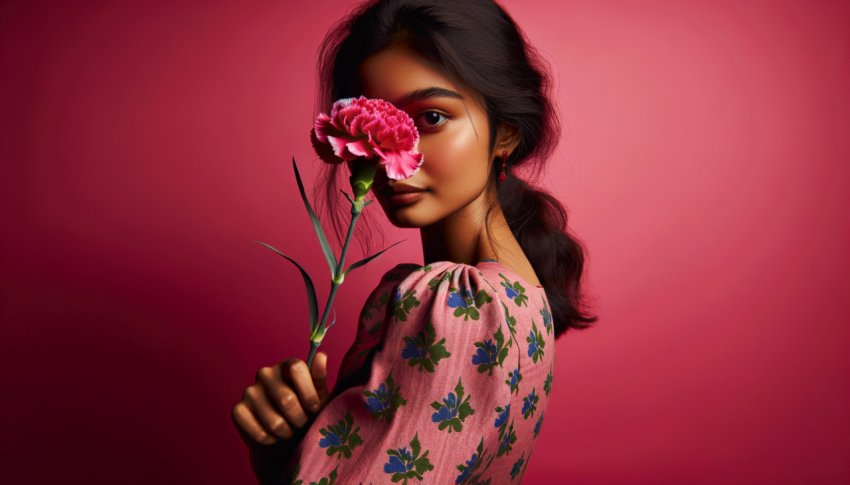 Lady holding one carnation against pink background realistic style. studio lighting