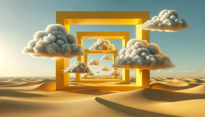 Surreal desert landscape with white clouds going into the yellow square on sunny day. Modern minimal