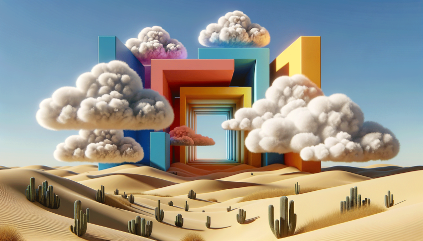Surreal desert landscape with white clouds going into the colorful square portals on sunny day. Modern minimal