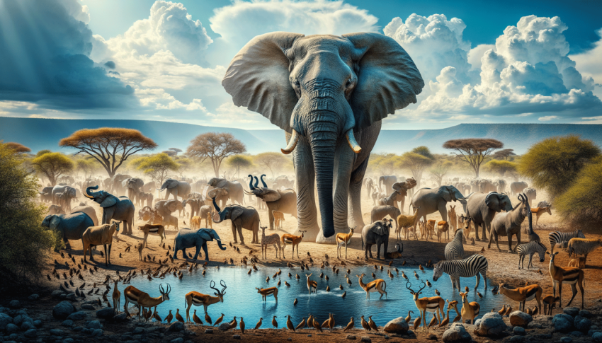 african animals scenery.  African elephant, Loxodonta africana towering over herds of animals, grouping at waterhole