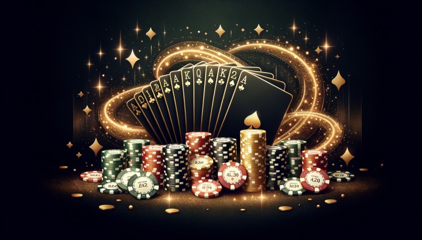 poker template, background design with golden playing cards and poker chips on a dark background Casino concept 2