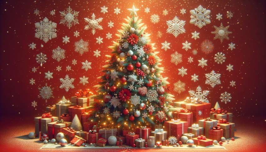 A decorated Christmas tree with snowflakes and gifts on a red background during the holiday season, creating a festive atmosphere