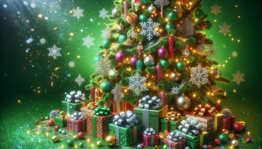 A decorated Christmas tree with snowflakes and gifts on a green background during the holiday season, creating a festive atmosphere