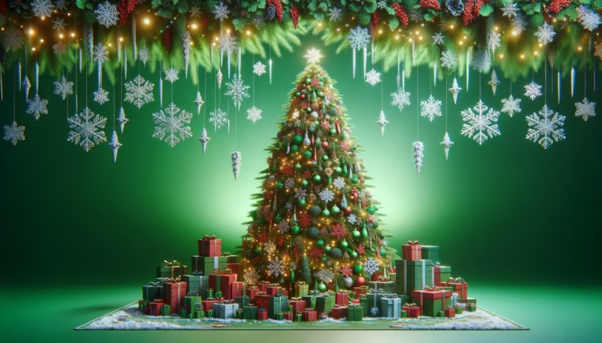 A decorated Christmas tree with snowflakes and gifts on a green background during the holiday season, creating a festive atmosphere