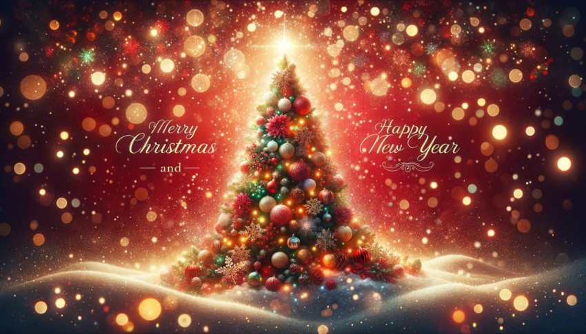 Christmas background with xmas tree and sparkle bokeh lights on red canvas background