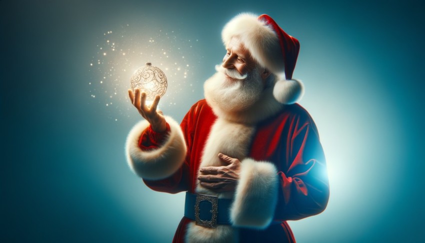 Happy Santa Claus holding glowing christmas ball over defocused blue background