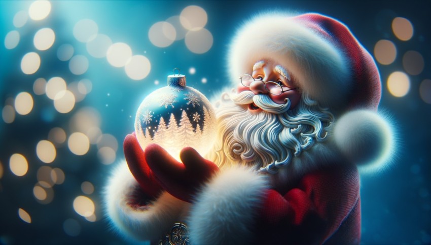 Happy Santa Claus holding glowing christmas ball over defocused blue background