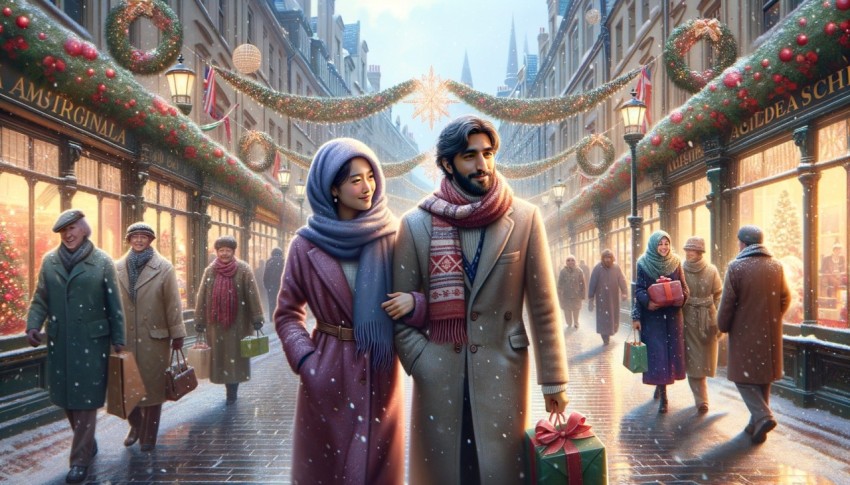 Couple walking down decorated street during christmas time