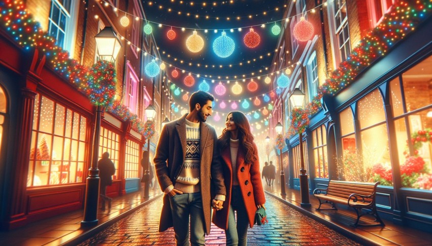 Couple walking down decorated street during christmas time