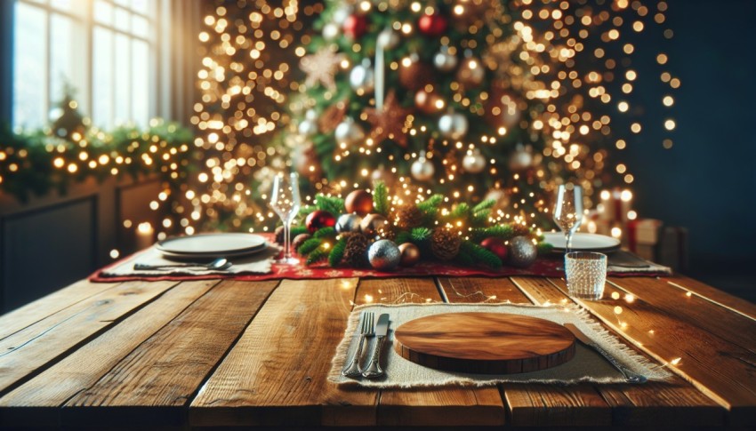 Background of an empty Christmas table with an out-of-focus Christmas tree, perfect for showcasing product displays.