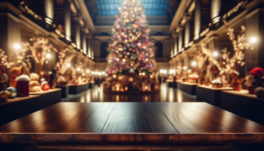 Background of an empty Christmas table with an out-of-focus Christmas tree, perfect for showcasing product displays.