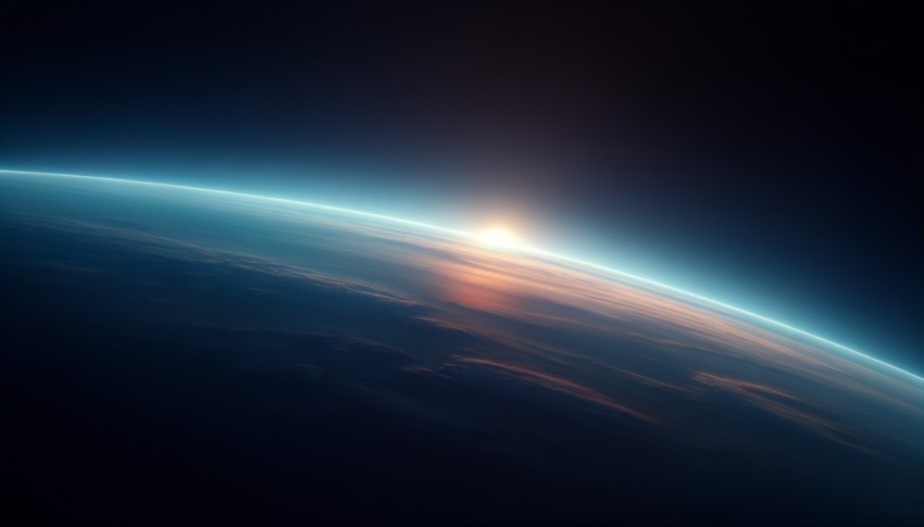 Blue sunrise, view of Earth from space, peaceful morning atmosphere, horizon glowing with soft hues, Earth's curvature visible in the distance.