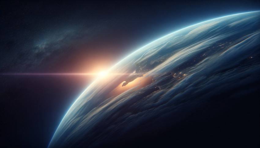 Blue sunrise, view of Earth from space, peaceful morning atmosphere, horizon glowing with soft hues, Earth's curvature visible in the distance.