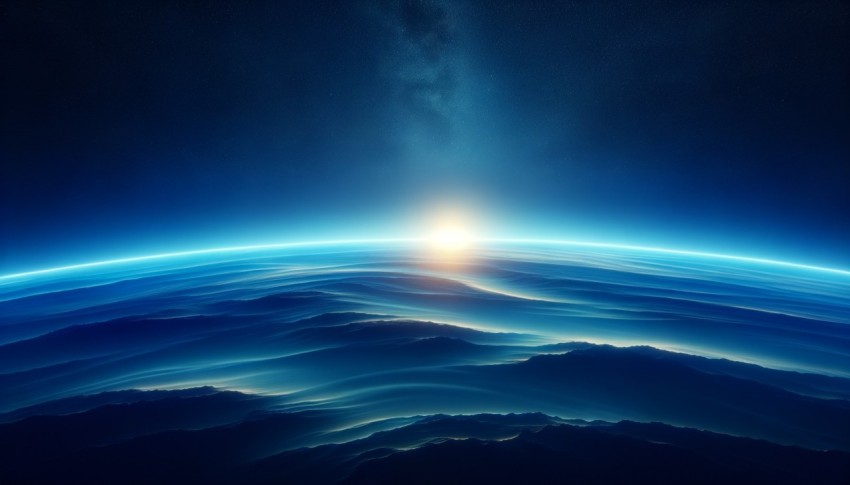 Blue sunrise, view of Earth from space, peaceful morning atmosphere, horizon glowing with soft hues, Earth's curvature visible in the distance.