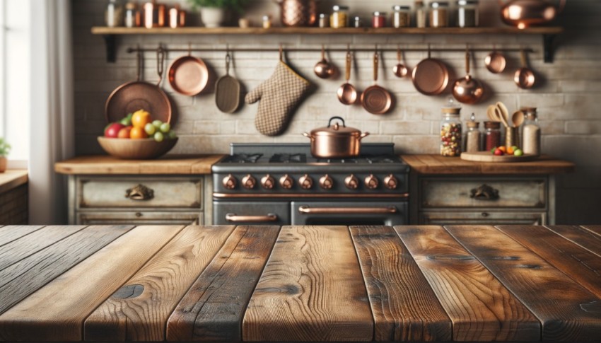 Wood table top on blurred kitchen background, suitable for use as a mockup for product displays or design layouts