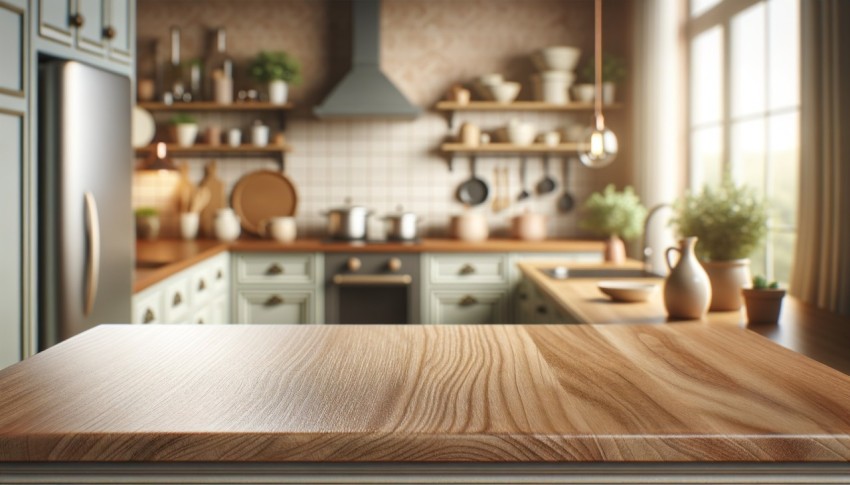 Wood table top on blurred kitchen background, suitable for use as a mockup for product displays or design layouts