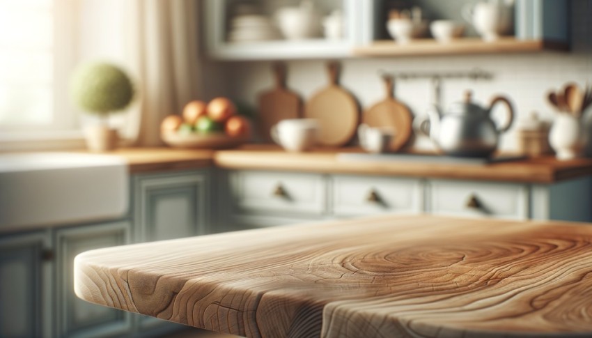 Wood table top on blurred kitchen background, suitable for use as a mockup for product displays or design layouts.