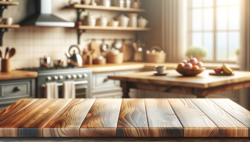 Wood table top on blurred kitchen background, suitable for use as a mockup for product displays or design layouts.