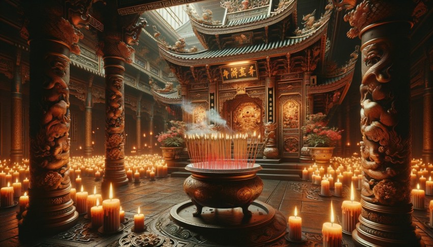 Incense burners, lit sticks, candles in a Chinese temple during Chinese New Year for worship.