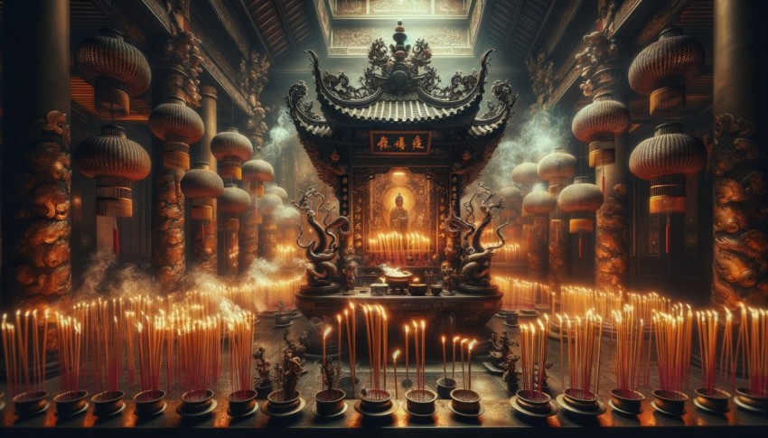 Incense burners, lit sticks, candles in a Chinese temple during Chinese New Year for worship.