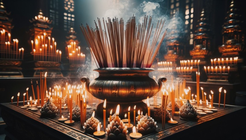 Incense burners, lit sticks, candles in a Chinese temple during Chinese New Year for worship.