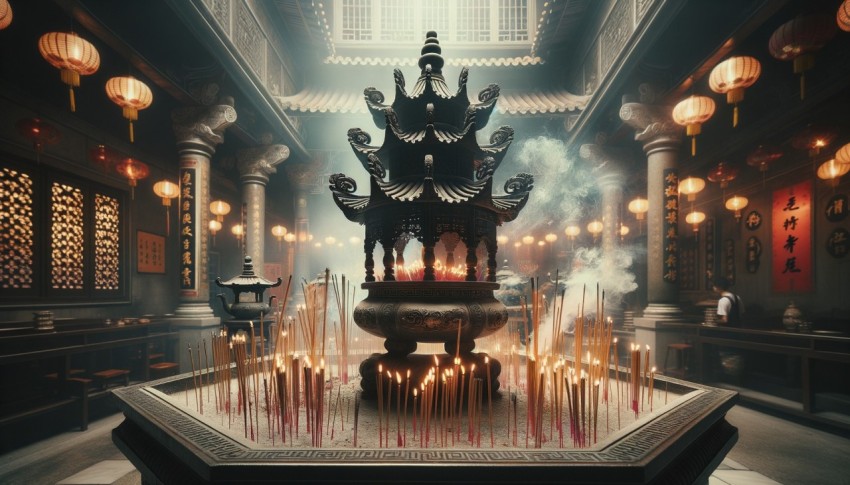 Incense burners, lit sticks, candles in a Chinese temple during Chinese New Year for worship.