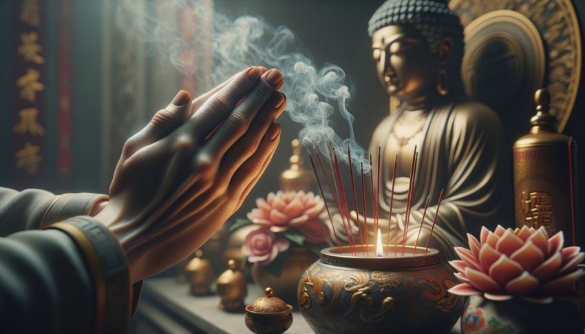 Hands in prayer by incense burner and offerings, with blurred background of a Chinese deity statue at home during Chinese New Year.