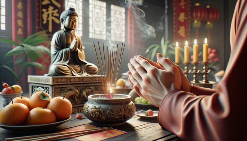 Hands in prayer by incense burner and offerings, with blurred background of a Chinese deity statue at home during Chinese New Year.