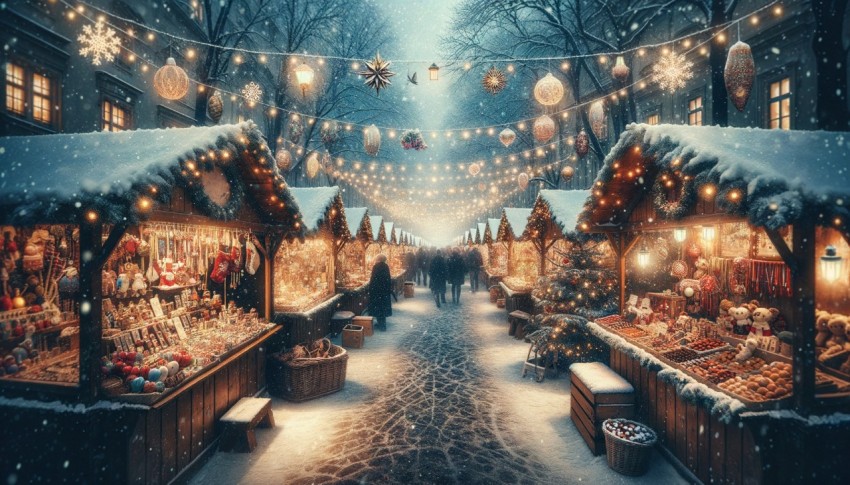 A quaint Christmas market beneath falling snow, with festive stalls and aromas of mulled wine and chestnuts.