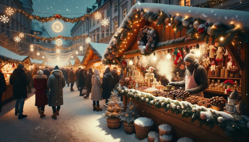 A quaint Christmas market beneath falling snow, with festive stalls and aromas of mulled wine and chestnuts.