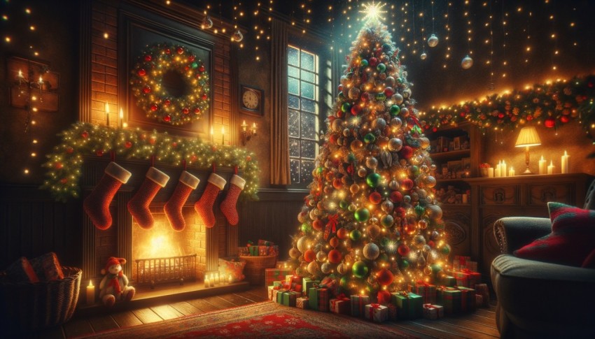 Christmas living room with a decorated tree, stockings, and glowing lights.